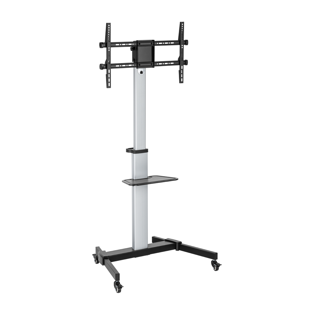 VSYS VFS44-46TW mobile TV cart on an aluminium column, silver and black finish