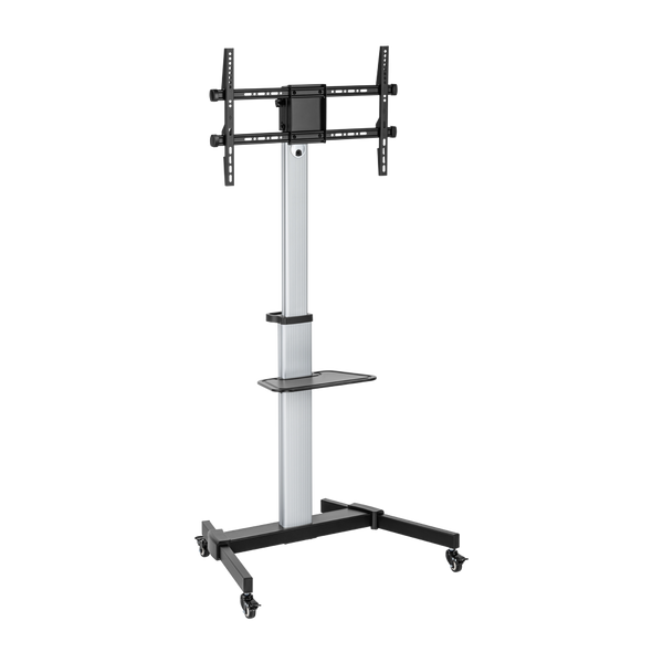 VSYS VFS44-46TW mobile TV cart on an aluminium column, silver and black finish
